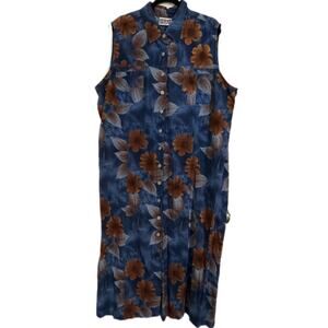 Vintage Bill Blass Womens Linen Blend Floral Button Down Midi Dress Blue Size 2X
